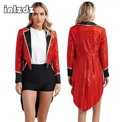 Womens Circus Ringmaster Cosplay Performance Costume Halloween Party Sequins Renaissance Gothic Jacket Magician Tailcoat