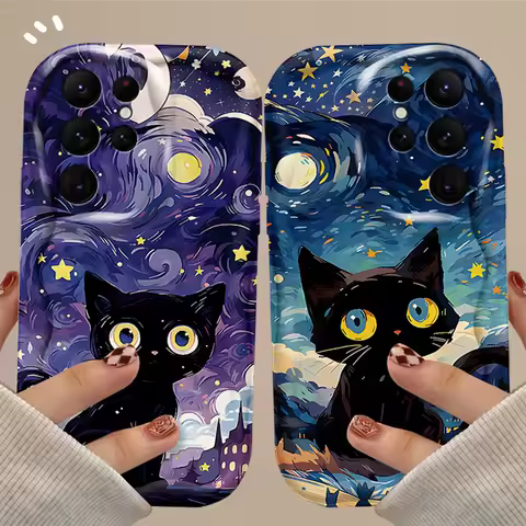 Starry Sky Cat Painting 3D Wave Case For Samsung Galaxy A54 A34 A24 A14 A13 A53 A33 A73 A23 A52 A52S A32 A22 A12 A51 A71 Cover