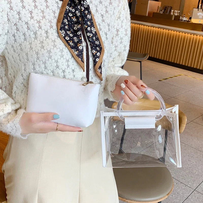 INS New Blue Chic A Set of Two Bag Transparent Female Wallets Korean Fashion PU Basic Chain Pure Color Elegant Wallets for Women