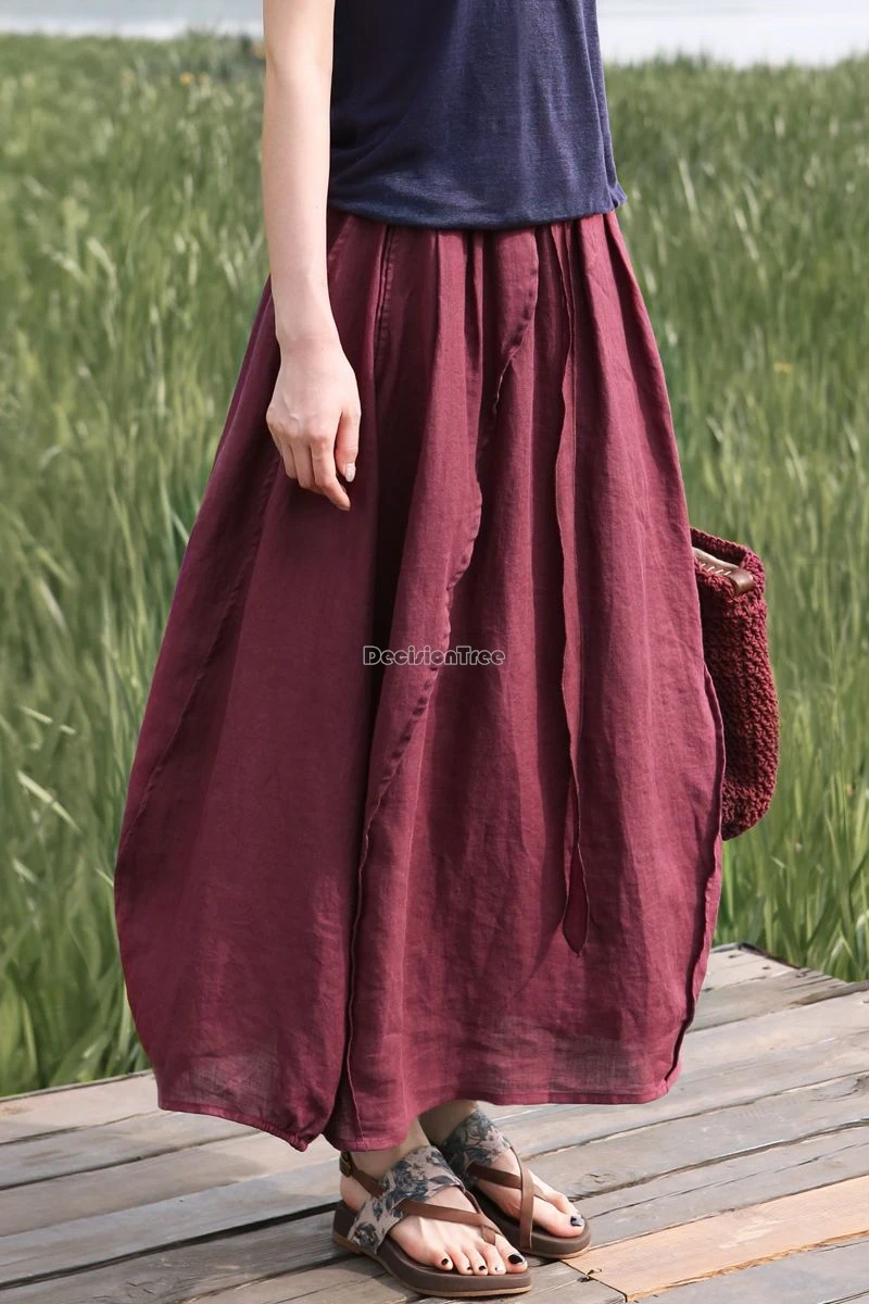 2025 chinese national long spring new cotton and linen loose casual women half skirt  asymmetrical design flower bud half skirt