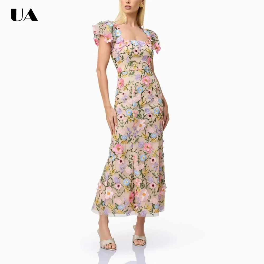 

ULBYANRY French Style Square Neck 3D Flower Maxi Dress for Woman Trendy Embroidery Long Dress Summer New Puff Sleeve Party Dress