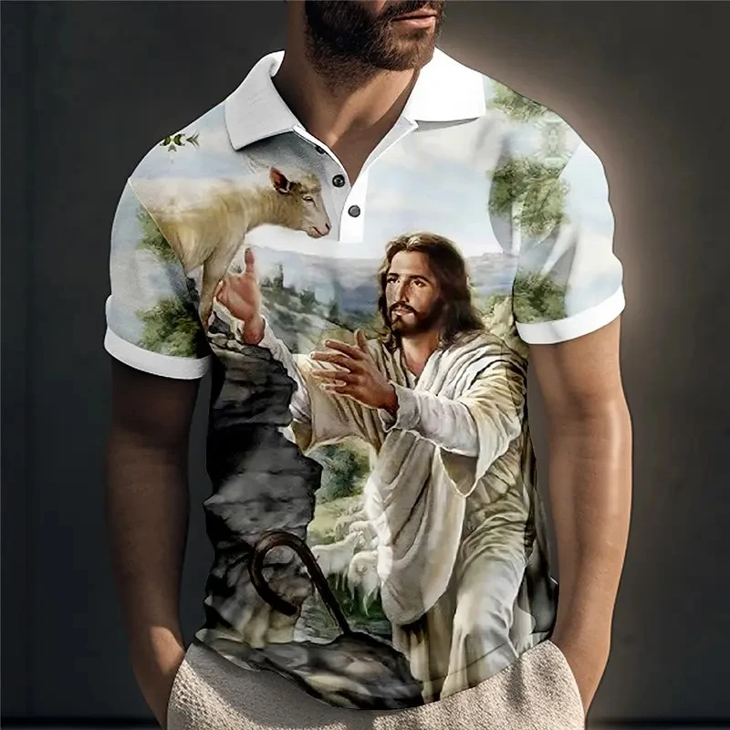 Christ Jesus 3D Printing Polo Shirt Man Summer Lapel Short Sleeve Oversized Top Casual Tee Loose Streetwear Button Up Tshirts