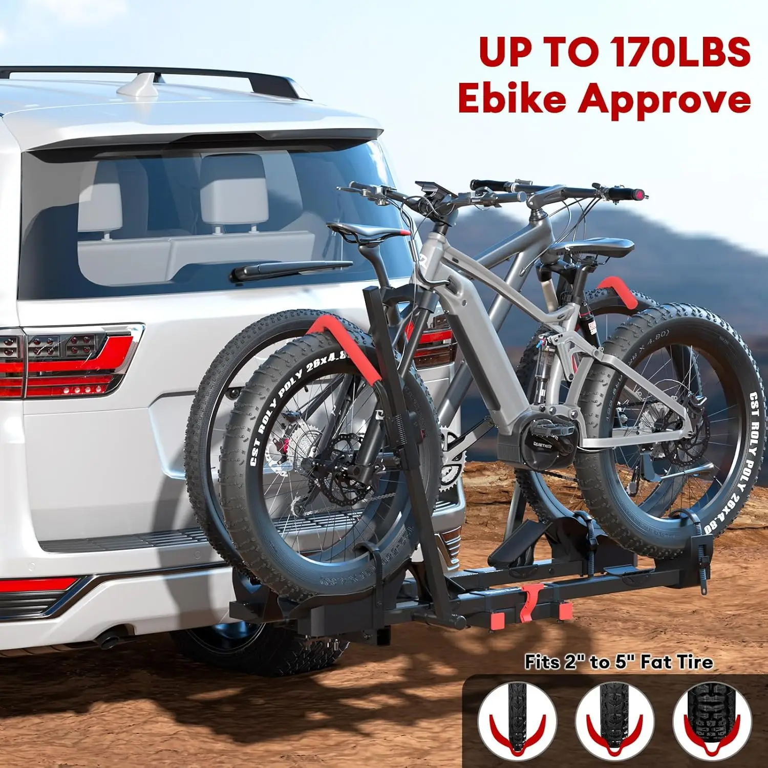Foldable Hitch Mount Bike Rack with Ramp, 170lbs Capacity for 2 Heavy Ebikes, Fits Cars SUVs RVs Trailers