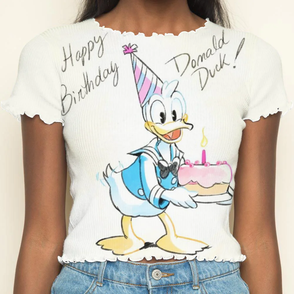 Disney Y2k Crew Neck Woman Clothing Crop Top T-shirt Donald Duck Daisy Short Sleeve Lettuce Trim T-shirts Tops Sexys Disney Neck