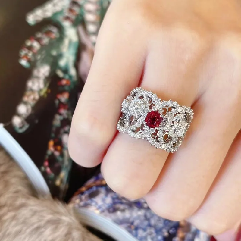 925 sterling silver luxury color treasure pigeon blood red inlaid diamond ring, women's open mouth ring, niche design, high-end