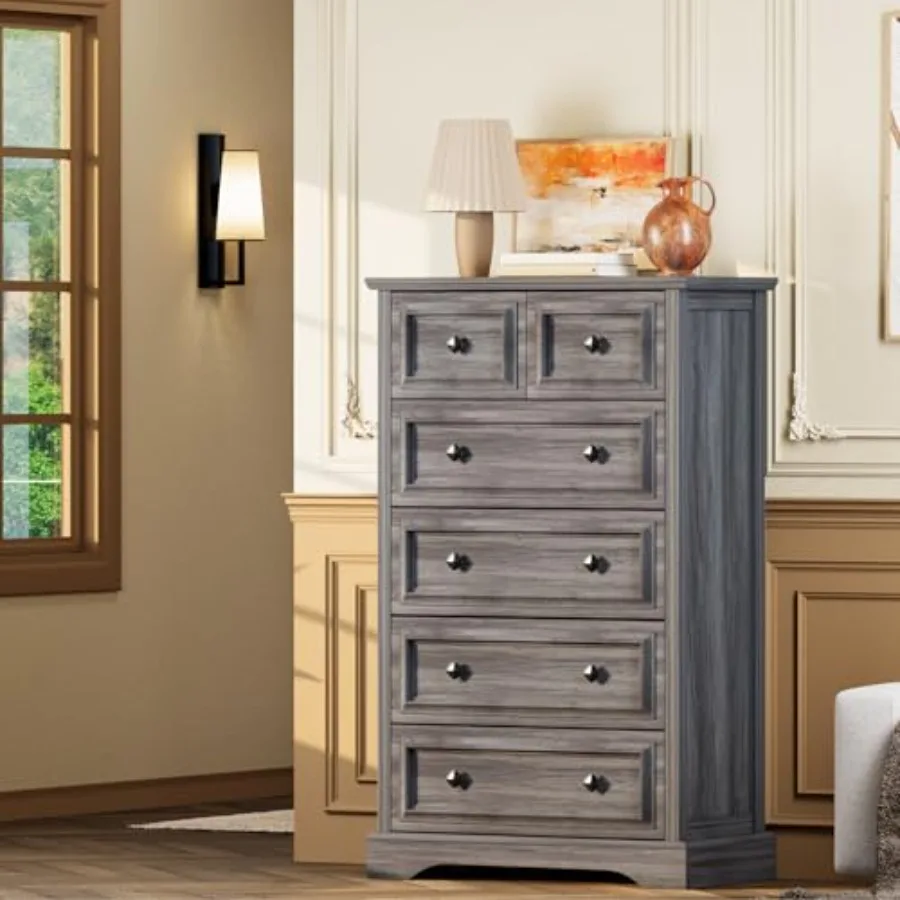 Dresser for bedroom, living room, hallway: 48 tall vintage-style chest with natural texture finish and metal handles, 6-drawer