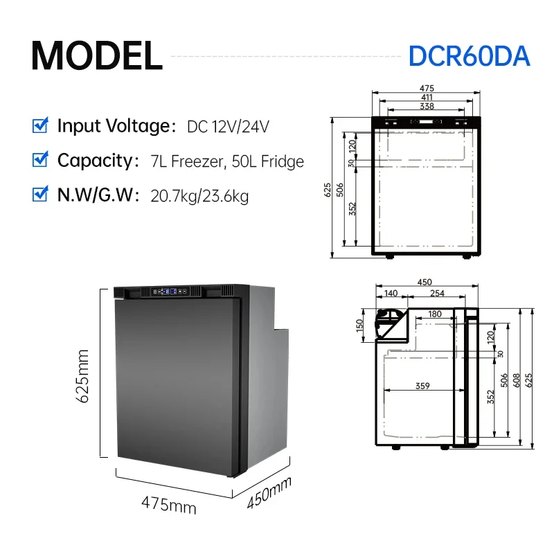 &57L Large Capacity 12V Upright Refrigerator Aluminum Fridge Freezer for Motorhome RV Yacht Boat Outdoor Travel Cooling Pro