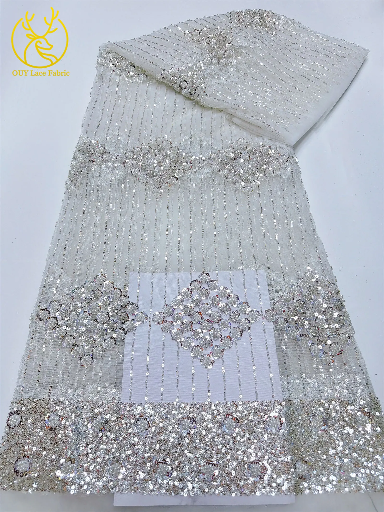 Eleganter, modischer afrikanischer Spitzenstoff mit Perlen und Pailletten, 2026, neues Design, französischer nigerianischer Tüll-Spitzenstoff für Abschlussball- und Partykleider, 5 Yards – Detail 14