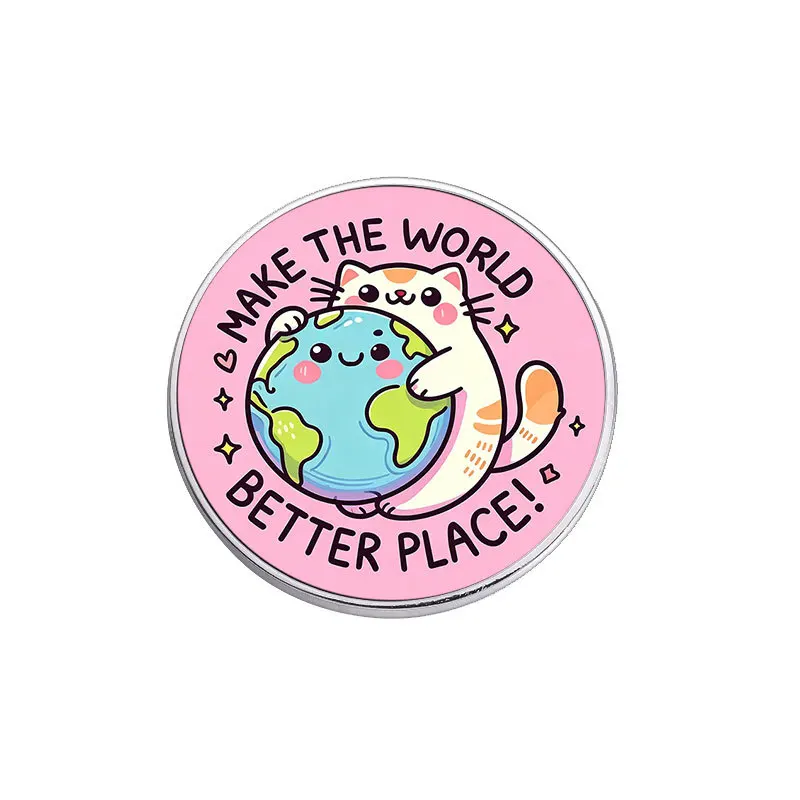 Enamel Pins Cute Cat Hugging Earth Brooch Creative English Environmental Theme Badge Versatile Bag Clothing Accessories Pin