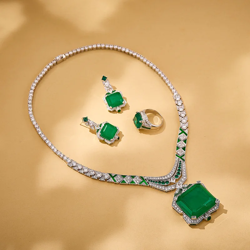 Art‑Deco Vintage 3‑Pcs Jewelry Set Plated Alloy Simulated Gem CZ Enamel Necklace Earrings Ring Women Banquet Dress Suit