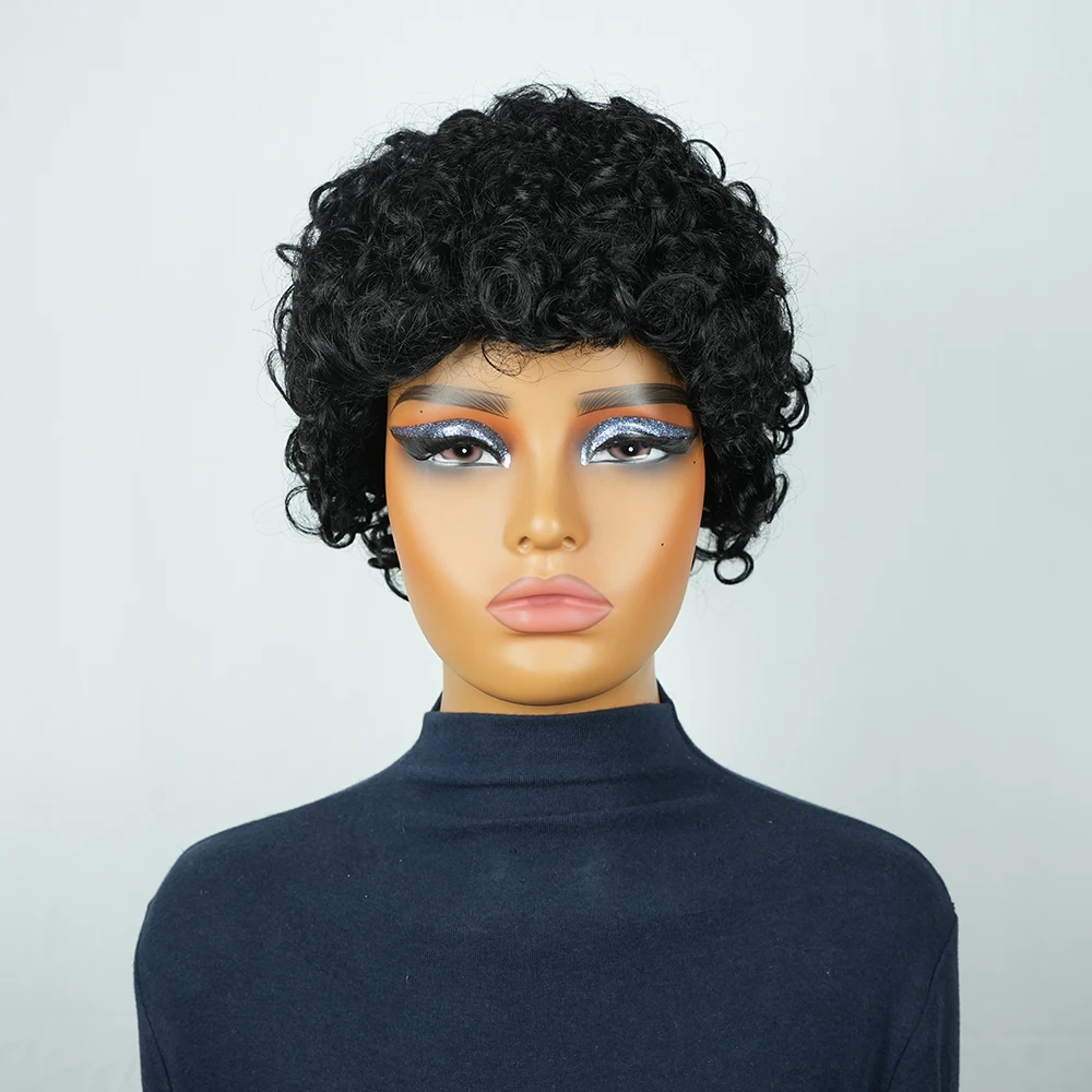 ピクシーカットウィッグ人毛ショートカーリー人毛ウィッグ女性用黒安価人毛ウィッグフルマシングルーレスピクシーカーリーウィッグ