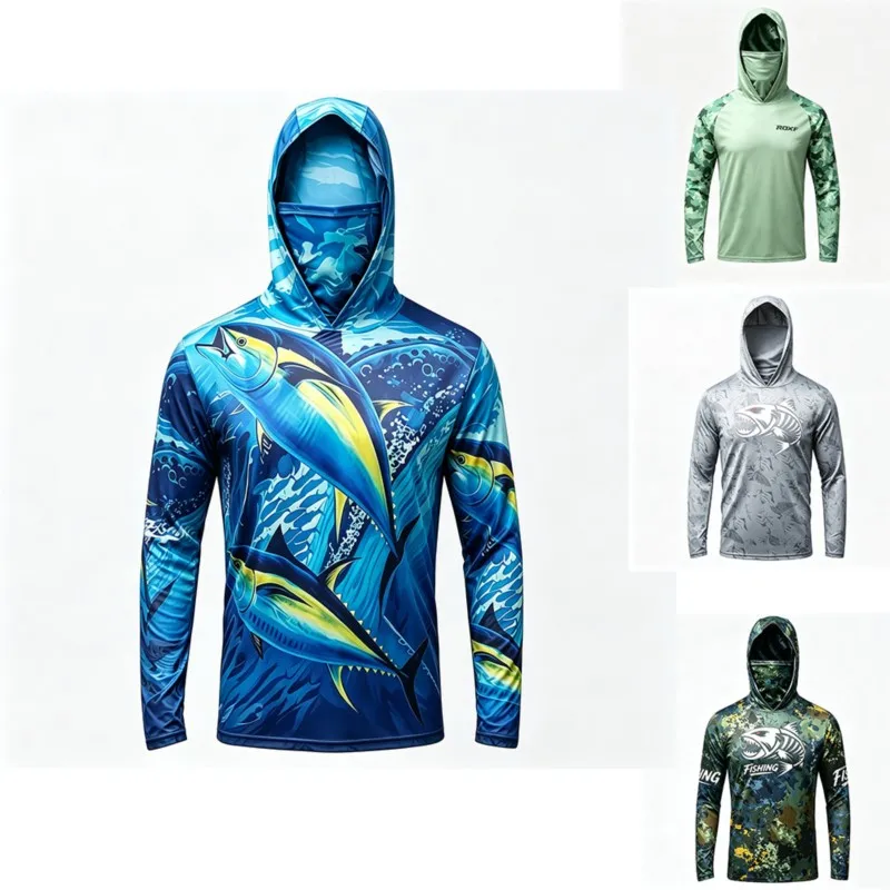 Built-in Fisherman Hat Stretch Sunblock Fishing Shirt For Men, Loose Fit Long Sleeve Outfit For All Day Shore Fishing