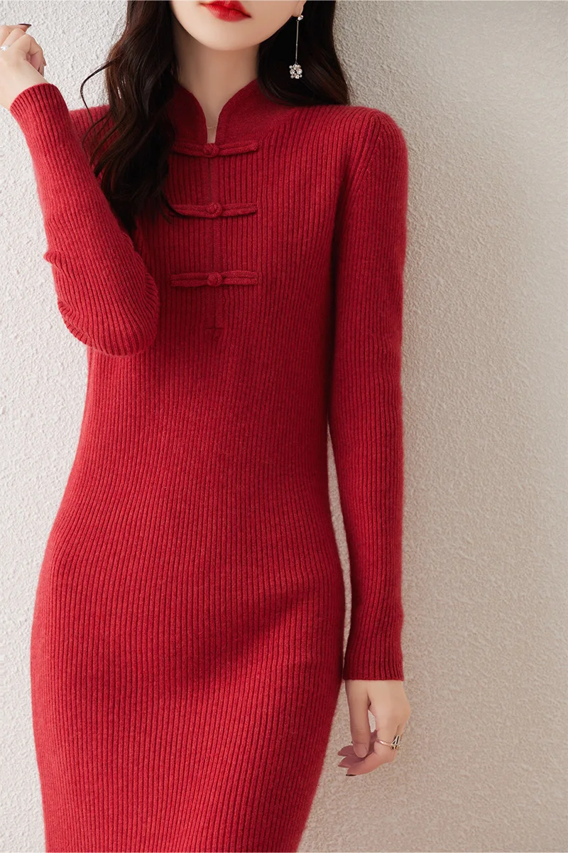 Chinese dish buckle autumn and winter 100% pure wool knitted fishtail skirt long slim-fit over the knee dress cashmere sweater