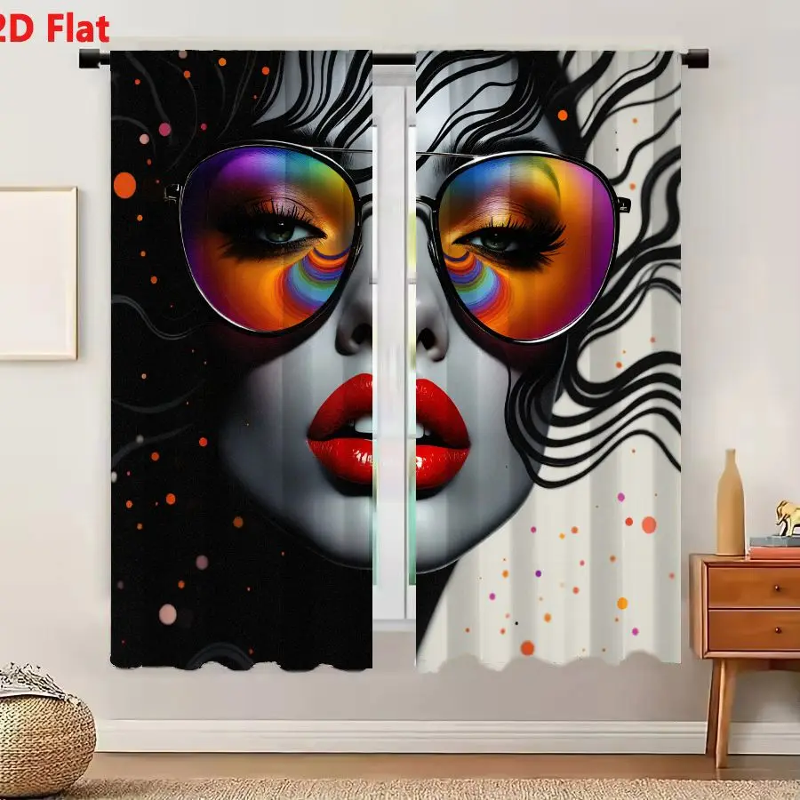 2Pcs Curtains 2D Flat Stylized Artistic Portrait Of A Woman With Pale Gray Skin Vivid Red Lips Large Reflective Sunglasses Swirl