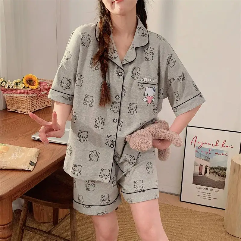 

Sanrio Girl Casual Short Sleeves Pajama Set Hello Kitty Kawaii Anime Lapel Sexy Short Sleeve Shorts 2-Piece Set Home Clothing
