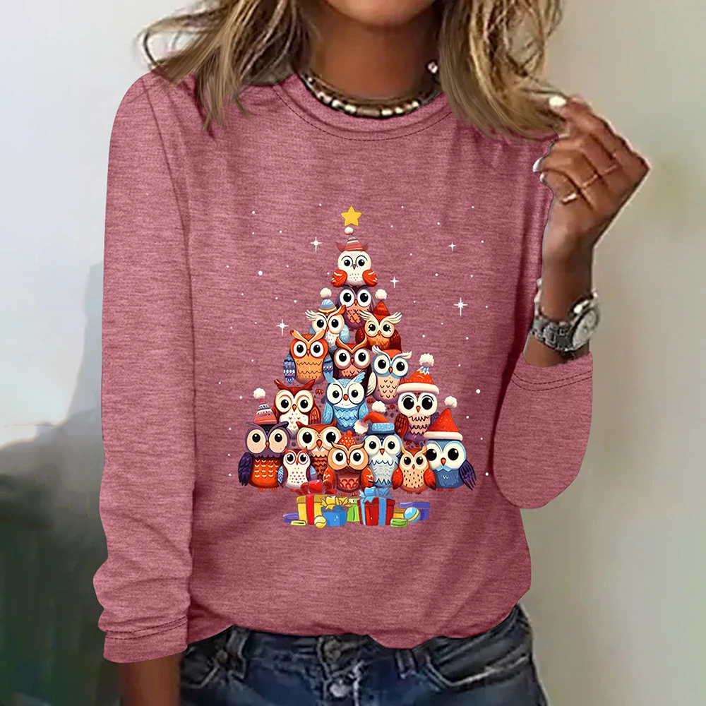 Christmas Owls Cute Cartoon Pattern Women\'s T-shirts Christmas Fashion Loose Long Sleeves T shirt Autumn Cotton Women Clothing