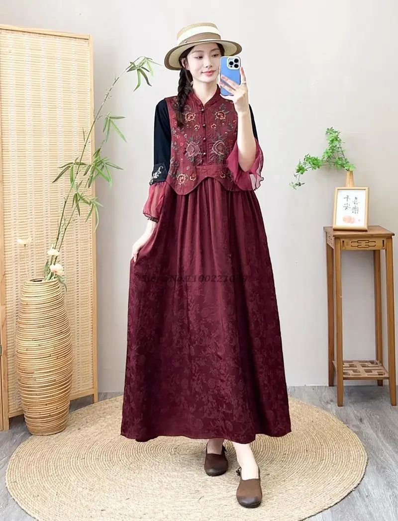 2024 chinese traditional dress national jacquard patchwork sleeveless dress flower embroidery sundress elegant a-line dress