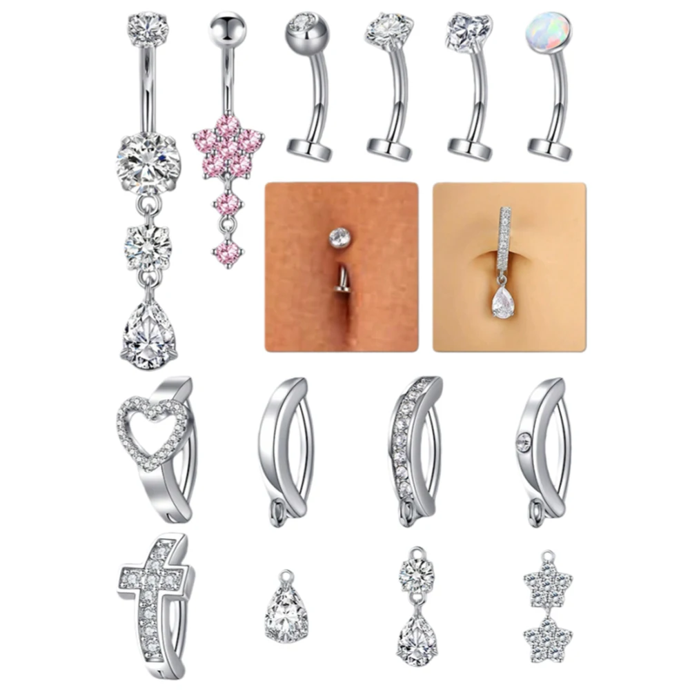 14G 10MM Belly Button Rings CZ Stainless Steel Floating Dangle Clicker Belly Button Rings Belly Rings Navel Piercing Jewelry