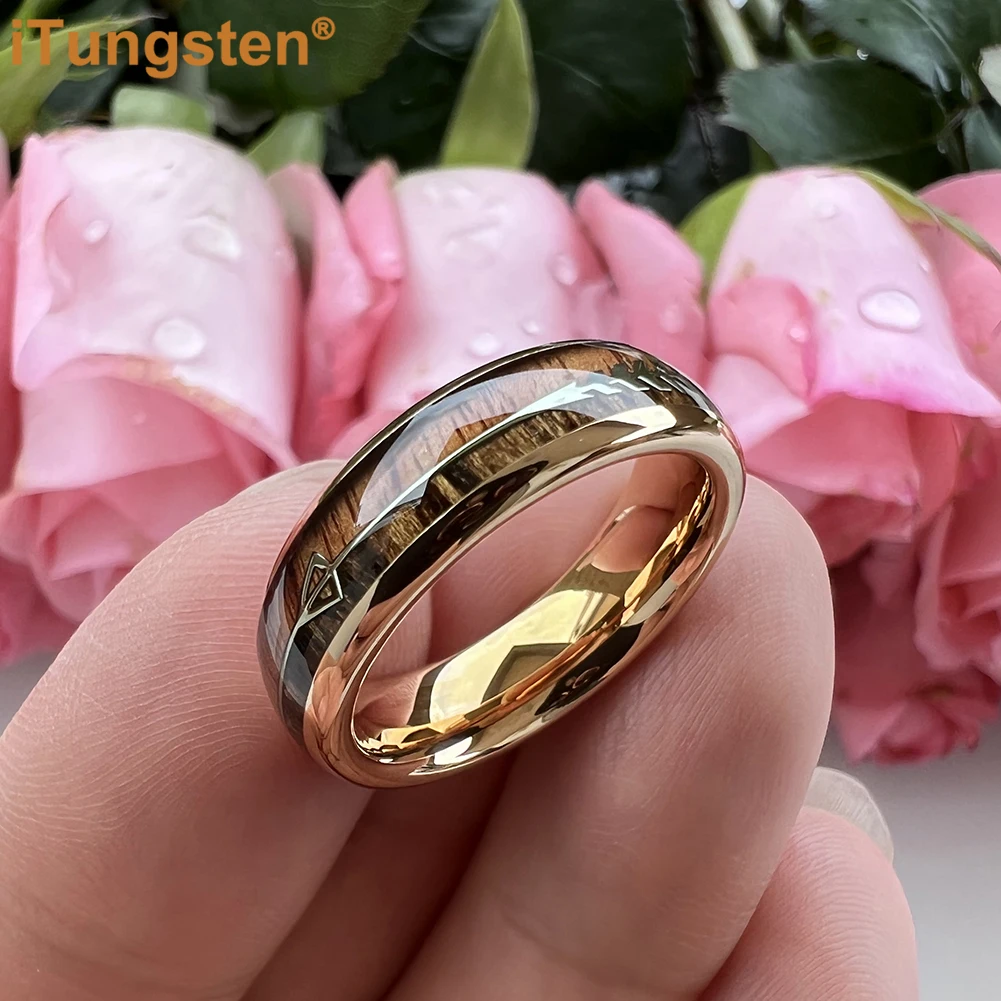 iTungsten 6mm 8mm Tungsten Carbide Ring for Men Women Engagement Wedding Band Fashion Jewelry Arrow Koa Wood Inlay Comfort Fit