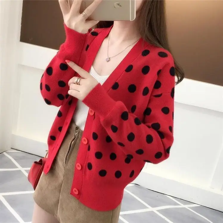 2023 Autumn/Winter New Women\'s Polka Dot Fashion Knitwear Korean Version Slim Fit Sweater Academy Style Short Cardigan Coat