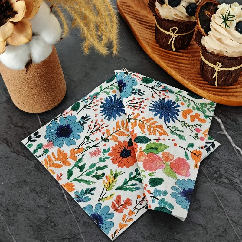 20pcs 33cm 2Layer Romantic Countryside Style Meal Towels Colorful Flowers, Leaves, Printed Party Towels DIY Decoupage Paper