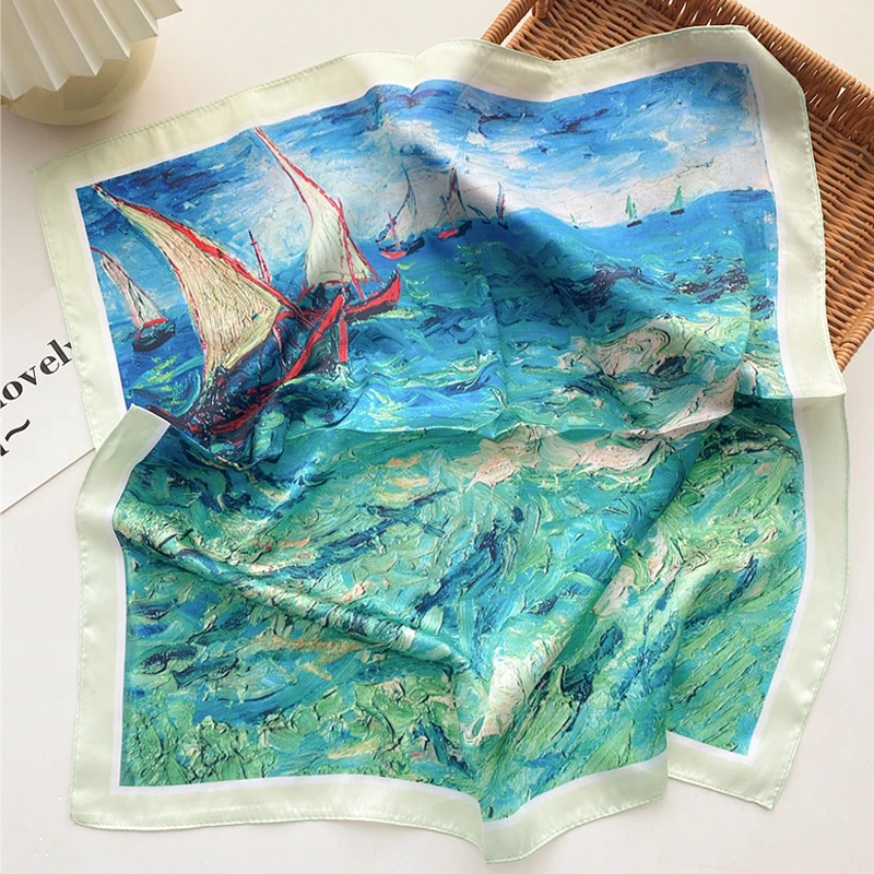 2024 Summer Bright Color Oil Painting Print 53CM Small Square Women Satin Silk Neck Tie Scarfs Soft Neat Ladies Neckerchiefs