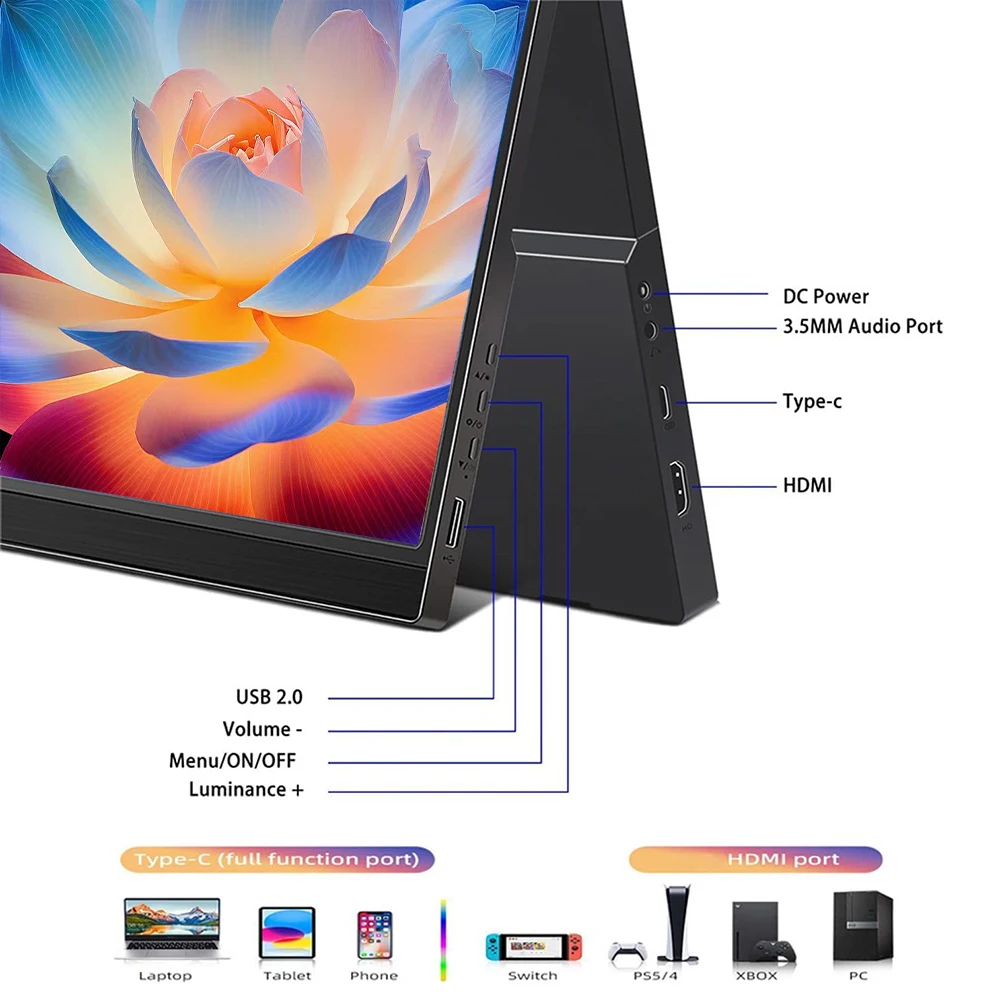 17.3'' Portable Monitor USB-C HDMI Computer Display LCD Screen for PC Mac Phone Xbox Switch PS HDMI USB External Laptop Screen