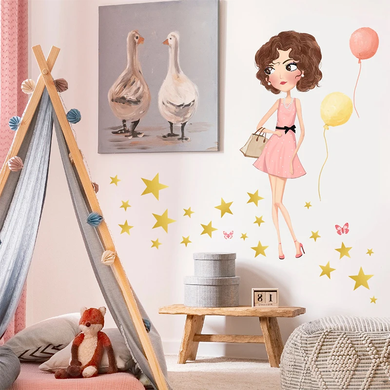 Cartoon Handdrawn Girl Star Bedroom Living Room Children's Room Decoration Removable Wall Stickers