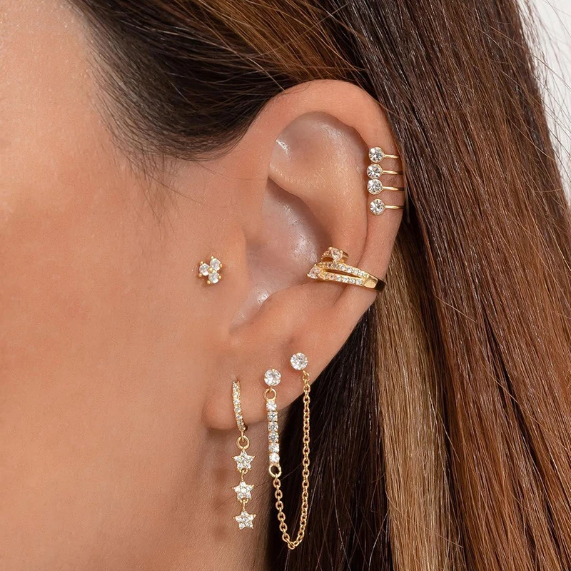 

Exquisite Gold Plated Star Dangle Earrings Set for Women CZ Zirconia Chain Earring Woman Piercing Jewelry Wedding Gift Accessory