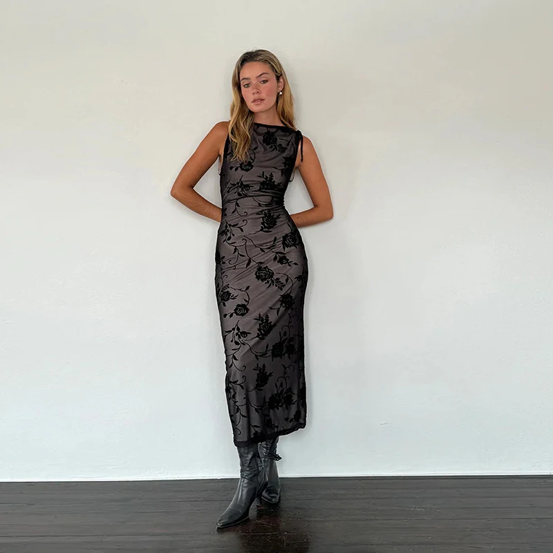 Vintage Black Embroidery Pleated Straight Dress Elegant Sheer O Neck Ankle-Length Dress Women Summer Casual Lace Up Long Dress