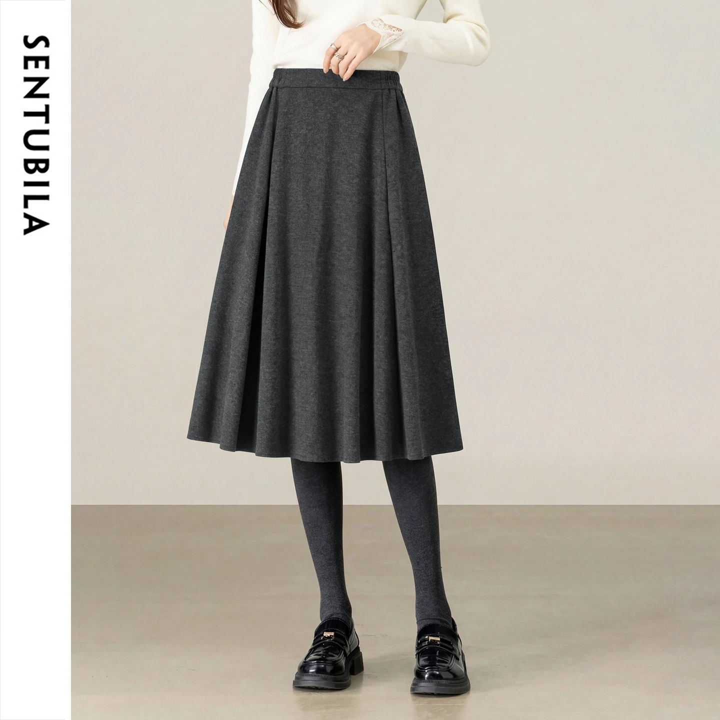 SENTUBILA Women Wool Blend A-Line Midi Skirt 2026 Winter Warm Elegant Flattering Versatile Daily Office Commuter Skirt Q54QG6611