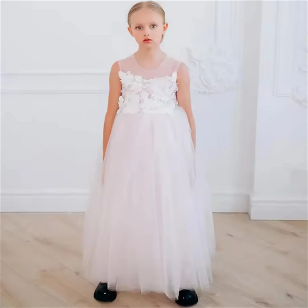 

Flower Girl Dresses White Tulle Flory Flowers Appliques Sleeveless For Wedding Birthday Party Holy Communion Banquet Gowns