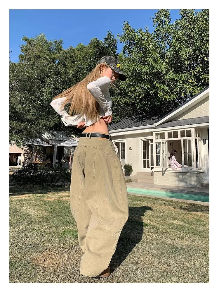 Pantalon Cargo taille haute pour femmes, Style américain rétro, jambes droites, ample, décontracté, jambes larges, longueur au sol