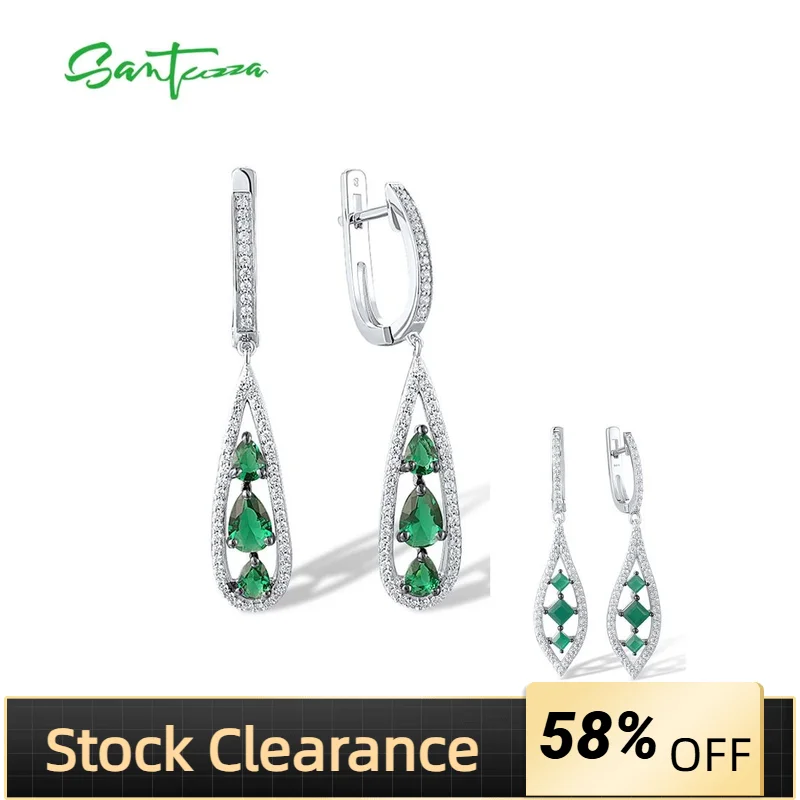 

SANTUZZA Real 925 Sterling Silver Drop Earrings For Women Sparkling White CZ Green Stone Dalicate Wedding Party Fine Jewelry