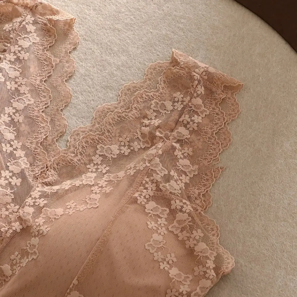 Mesh Transparent Lace Deep-v Camisole Thin Slim Fit Lace Crop Tops Undershirt Sleeveless Suspender Vest with Pads Spring Summer