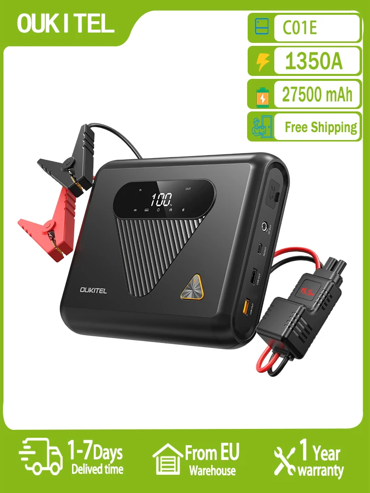 OUKITEL C01 Auto-Starthilfe 1350A Spitzenstrom 27500mAh Hochkapazitäts-Natrium-Ionen-Akku PD60W Schnellladung Auto-Notfall-Powerbank