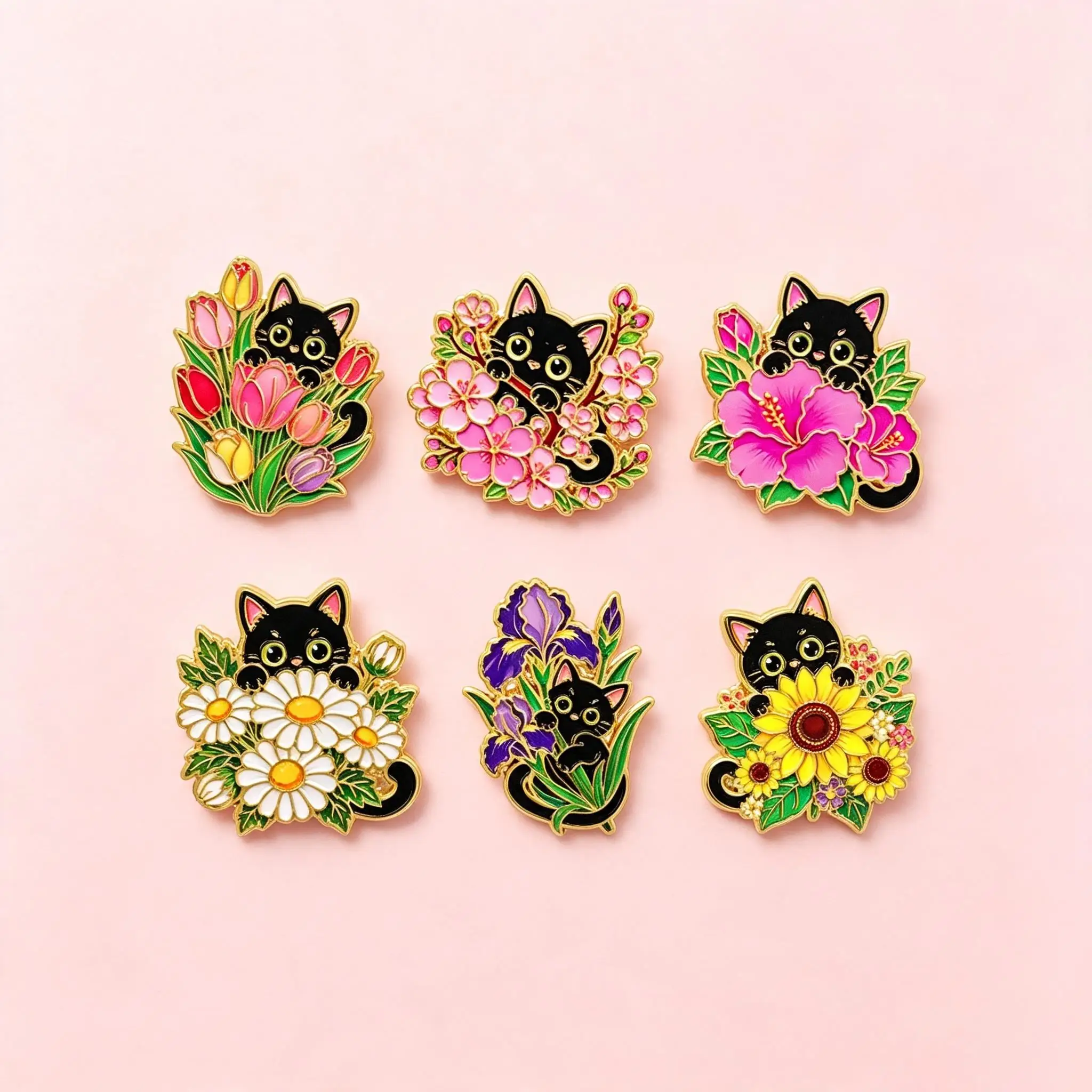 Vintage Botanical Flower Black Cat Metal Enamel Pins Brooches Badge on Backpack Clothing Accessories Jewelry Gift for Friends