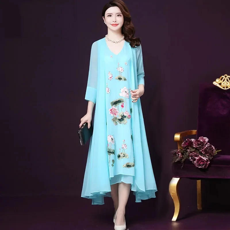 High-End-langes Chiffon-Kleid Frühling Sommer im chinesischen Stil bestickte Kleider Frauen elegantes gefälschtes zweiteiliges Kleid JJ243