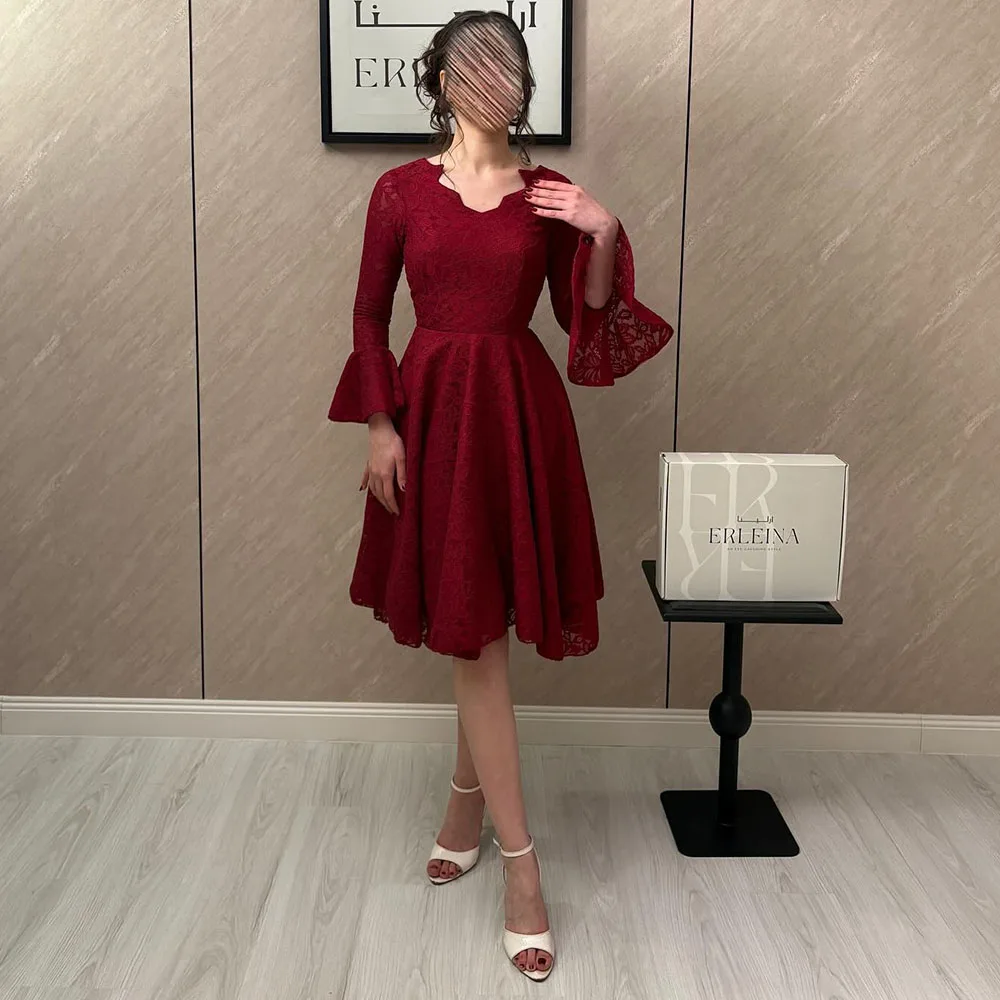 

Vanessa New Burgundy Lace Short Evening Dresses 2026 Elegant Women Long Flare Sleeves Knee Length Wedding Party Gowns Customized