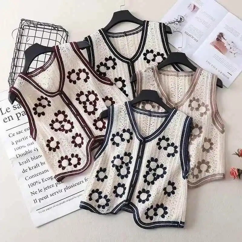 

Women's Hook Flower Yarn Knitted Vest Thin Svel ort Sle College Faion Inner Wear Cotton 00% Leather Material