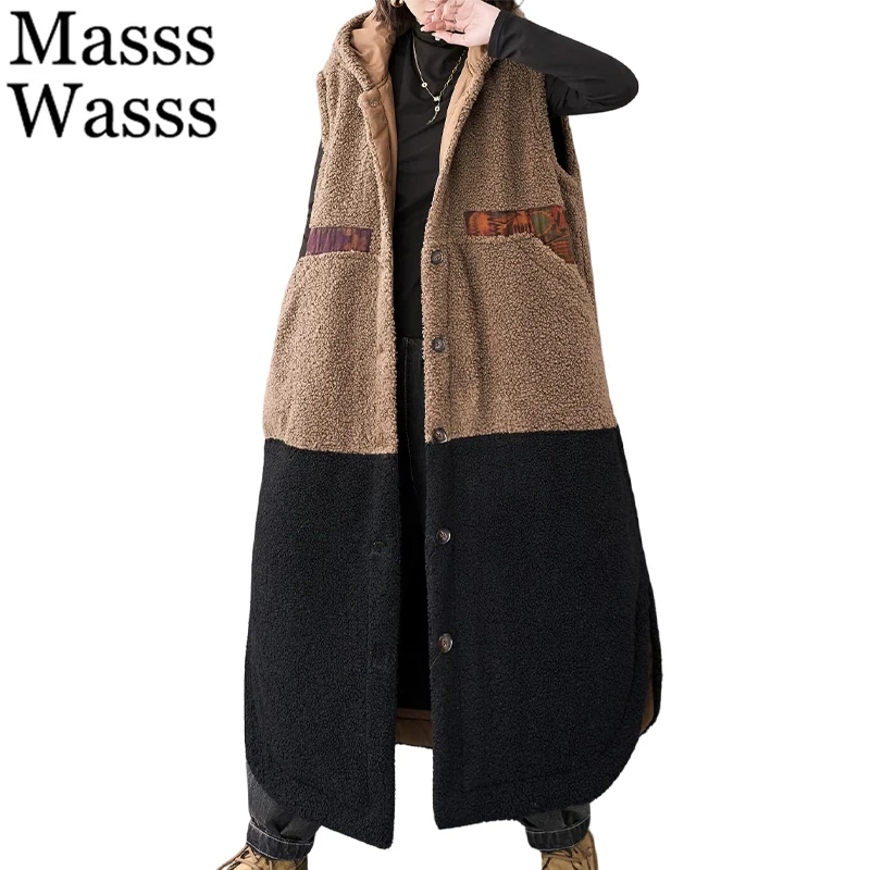 

Mass Wasss модные зимние длинные парки женские теплые с капюшоном свободный мягкий меховой жилет повседневные пальто без рукавов женские утепленные жилеты