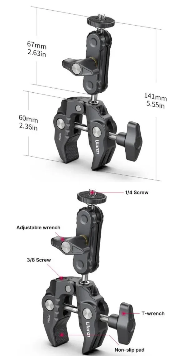 Imagem -03 - Ulanzi R094 Metal Super Braçadeira com Bola Dupla Cabeça Braço Mágico Braçadeira Hole Hole Buraco para Montagem Monitor de Câmera Led Luz Mic 1pc