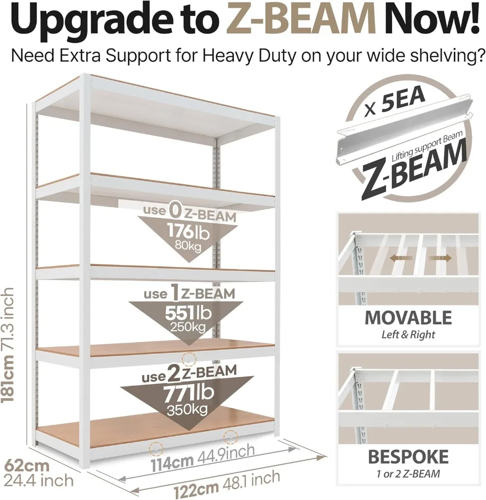 HOMEDANT House Z-Beam White Heavy Duty Garage Storage Shelving Adjustable 5-Tier Metal Shelves Laminated Shelf Industrial