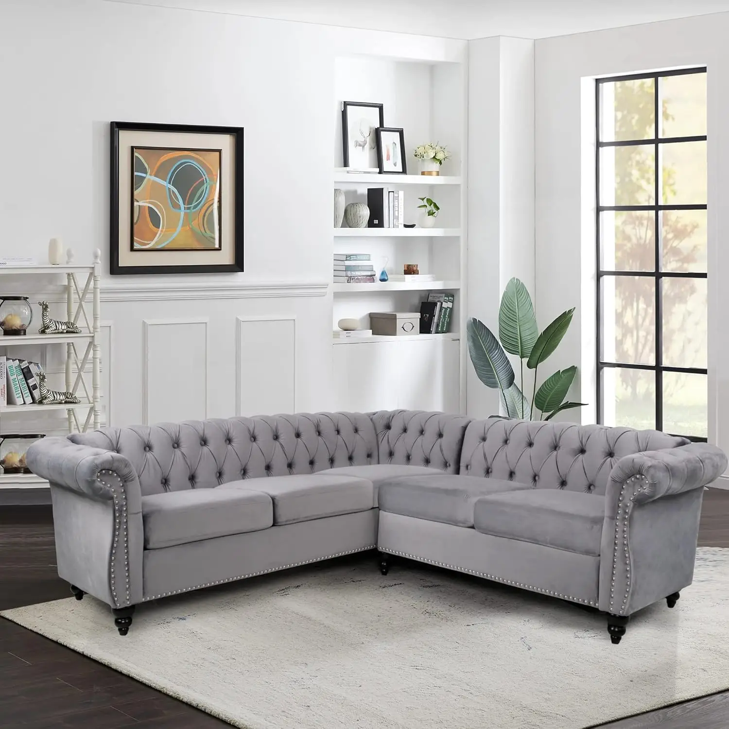 L Shaped Small Sectional Sofa, Chesterfield Velvet Couch Tufted Accent Sofa with Scroll Arms and Nailhead for Living Room,Office