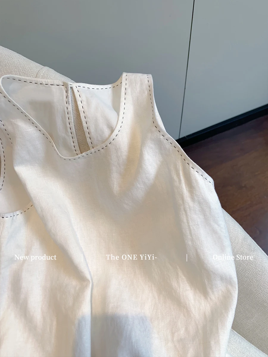 Summer Patchwork Cotton Linen Thin Tank Dress Women's High-End Sleeveless High Waist Casual Loose Short Dress N979