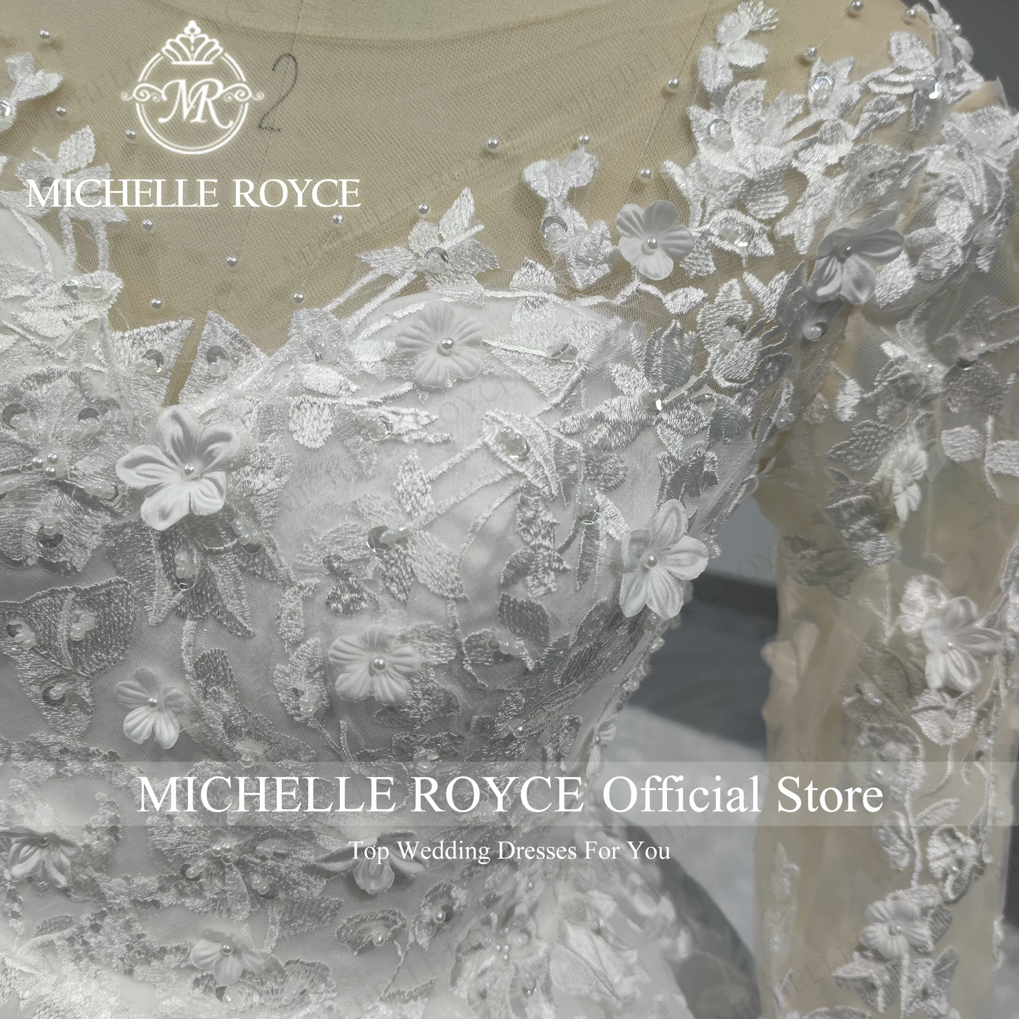 Michelle Royce-Robe de Mariée à Manches sulfen Dentelle, Tenue Éducative, Sexy, Dos aux, avec Perles et Fleurs