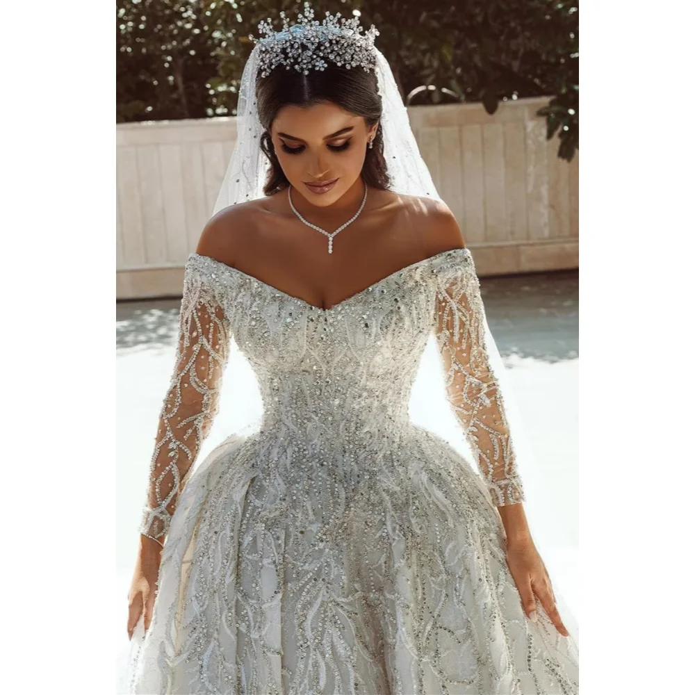 

Luxury Sparkling Princess Prom Dresses Off Shoulder Long Sleeve Champagne Beaded A-line Church Bridal Dress Customized