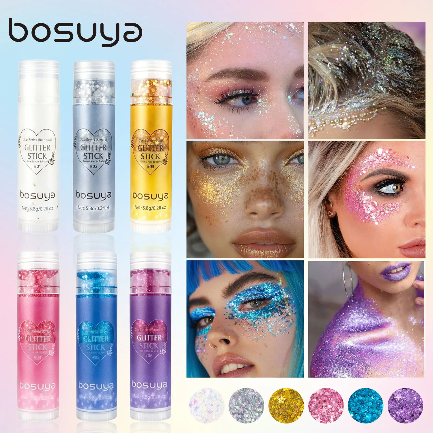 BOSUYA 6 Colors Glitter Eye Shadow Stick Face Body Shimmer Gel Lip and Cheek Dual Use Stage Party Sequin Makeup Sparkly Cream