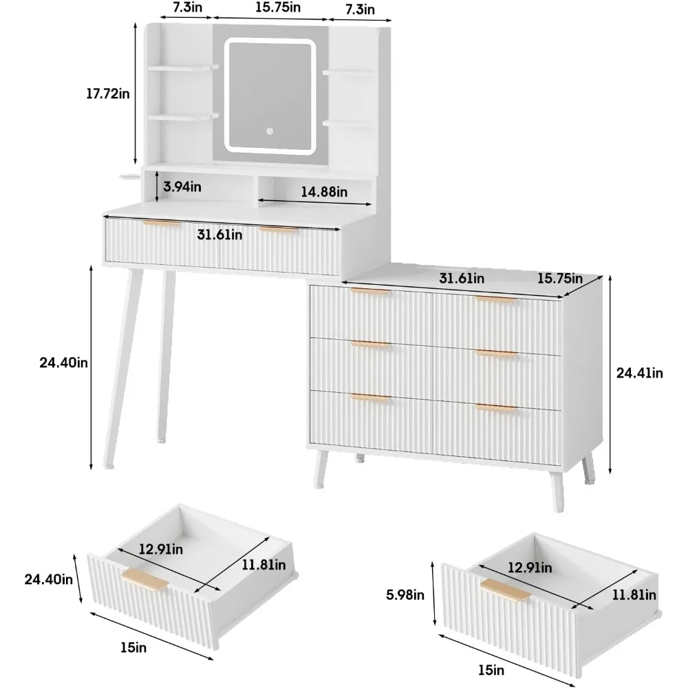 Vanity Desk with Mirror and Lights, Makeup Vanity with 8 Drawers & Shelves, L Shape Change & Storage, Dressing Table