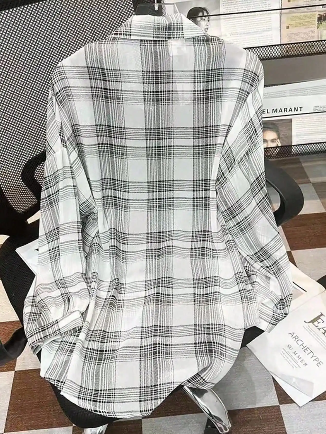 

Loose Plaid Shirt Women Casual Drop Shoulder Long Sleeve Curved Hem Fall